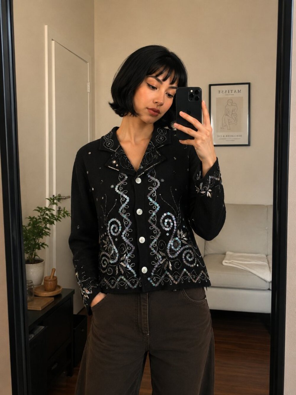 Carole Little Boho Black Sweater Cardigan with Iridescent Sequin Embroidery Wool